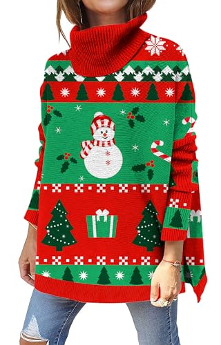 kids4ever Damen Weihnachtspullover Rollkragen Weihnachten Pullover Langarm Seitlicher Schlitz Strickpullover Weihnachtsbaum Schneemann Gedruckt Christmas Sweater Weihnachtspulli L von kids4ever