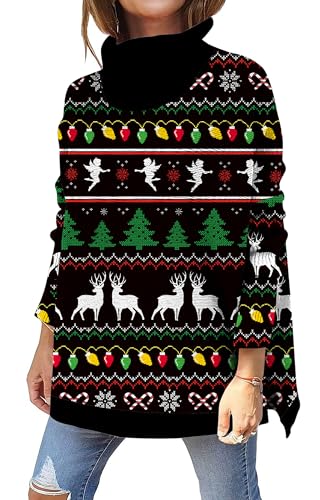 kids4ever Damen Weihnachtspullover Rollkragen Weihnachten Pullover Schneeflocken Elch Aufdruck Christmas Sweater Langarm Seitlich Geschlitzt Strickpullover Weihnachtspulli Schwarz M von kids4ever