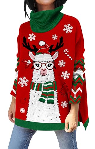kids4ever Damen Weihnachtspullover Rollkragenpullover Hässlich Alpaka Weihnachten Strickpullover Langarm Seitenschlitz Ugly Christmas Sweater Weihnachtspullis Rot L von kids4ever