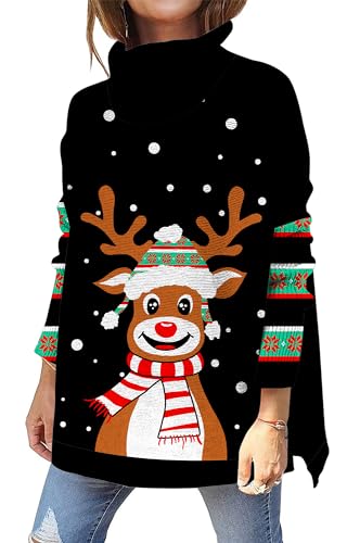 kids4ever Damen Weihnachtspullover Rollkragenpullover Hässliche Elch Aufdruck Weihnachtspulli Langarm Seitlichem Schlitz Christmas Sweater Pulli Winterpullover Schwarzer L von kids4ever