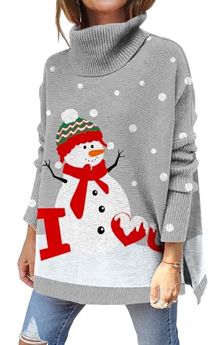 kids4ever Damen Weihnachtspullover Rollkragenpullover Schneemann Bedruckt Christams Sweater Pullover Weihnachten Langarm Seitlich Geschlitzt Lockerer Weihnachtspulli Hellgrau M von kids4ever