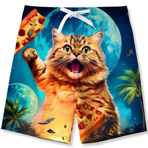 kids4ever Jungen Badehose Schnell Trocknend 3D Gedruckte Badeshorts Verstellbarer Kordelzug an der Taille Badeshorts mit Hawaii Katze Laufsporthose für Kinder von 9-10 Jahren von kids4ever