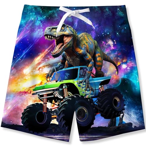 kids4ever Jungen Badehose Schnell Trocknend 3D Gedruckte Badeshorts Verstellbarer Kordelzug an der Taille Dinosaurier Boardshorts Laufsporthose für Kinder von 9-10 Jahren von kids4ever