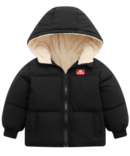 kids4ever Kinder Jungen Wintermantel Reißverschluss Kapuzenjacke Warme Fleece Winter Jacke Oberbekleidung mit Zwei Taschen Modische Winter Outfits Schwarz 4-5 Jahre von kids4ever