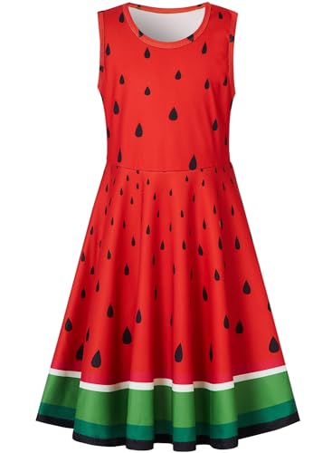 kids4ever Kleider Mädchen Ärmellose Sommerkleid Wassermelonen Muster A-Linie Swing Kleid Rundhals Partykleid 6-7 Jahre von kids4ever