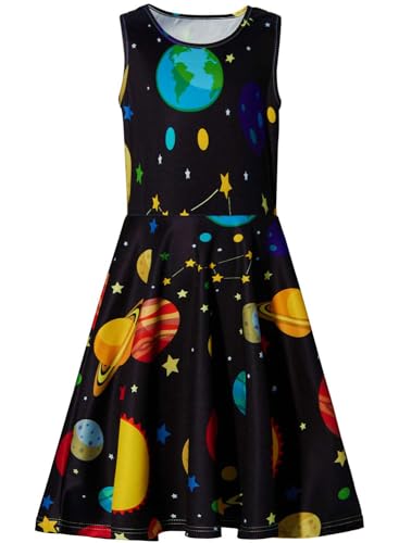 kids4ever Mädchen Ärmellos Kleid Planet Bedruckt Rundhals A-Linie Swing Sommerkleid Prinzessin Geburtstag Partykleid Schwarz 6–7 Jahre von kids4ever