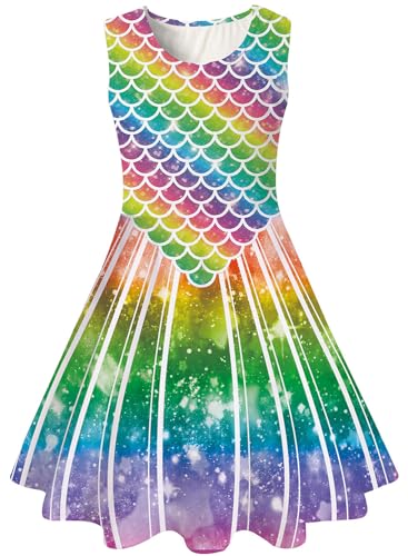 kids4ever Mädchen Kleid Regenbogen Sommerkleid Ärmellos Rundhals A-Linie Swing Kleid für Party Geburtstag 6–7 Jahre von kids4ever