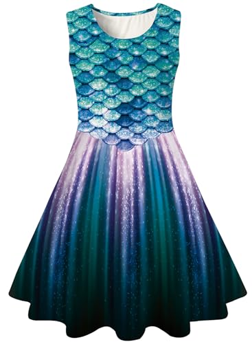 kids4ever Meerjungfrau Kleid Mädchen Ärmellos Sommerkleid Rundhals A-Linie Kleider Party Prinzessin Kleid 8-9 Jahre von kids4ever