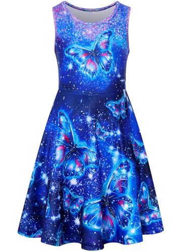 kids4ever Schmetterling Kleid Mädchen 10-12 Jahre Sommer Kleider für Kinder Mädchen Ärmellos A-Linie Kleid Galaxie Blau von kids4ever