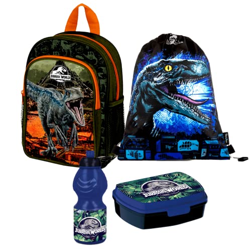 Dinosaurier Dino T-Rex Jurassic World 4 Teile Rucksack Tasche Kindergarten Set Brotdose Flasche mit Sticker-von-Kids4shop von kids4shop