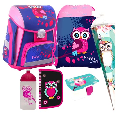 Eule Owl 6 Teile Set Schulranzen RANZEN TORNISTER FEDERMAPPE Tasche Brotdose Schultüte mit Sticker-von-Kids4shop von Kids4shop