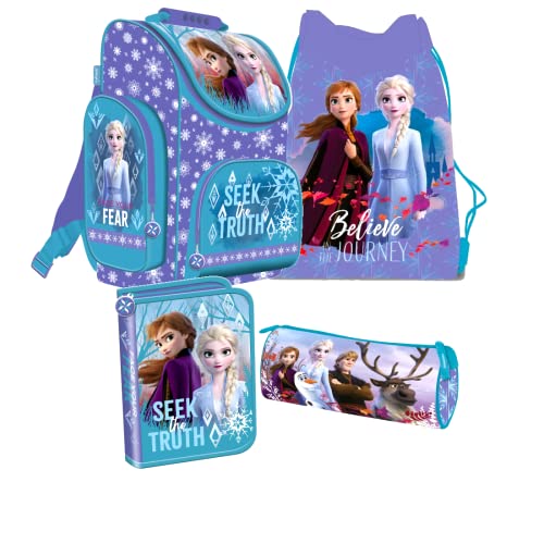 Frozen 2 II Eiskönigin 4 Teile Set SCHULRANZEN Ranzen Tornister Federmappe Federtasche mit Sticker-von-Kids4shop Schultasche Blau von kids4shop