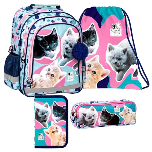 Katze Cats 4 Teile Set SCHULRUCKSACK RUCKSACK TASCHE Schultasche Federmappe mit Sticker-von-Kids4shop von kids4shop