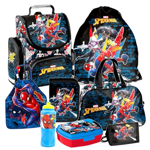 Spiderman 8 Teile Set Schulranzen Ranzen Federmappe Malschürze Tornister Tasche Sporttasche mit Sticker-von-Kids4shop von kids4shop