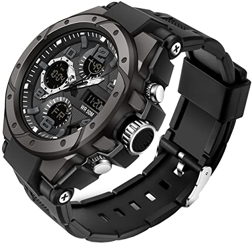 kieyeeno Sportliche Herrenuhr, analog, Quarz und digital, LED-Sportuhr, 50 m, wasserdicht, mit Wecker, Stoppuhr, für den Außenbereich, Schwarz, Armband kieyeeno Sportliche Herrenuhr, analog, Quarz und digital, LED-Sportuhr, 50 m, wasserdicht, mit Wecker, Stoppuhr, für den Außenbereich, Schwarz, Armband von kieyeeno