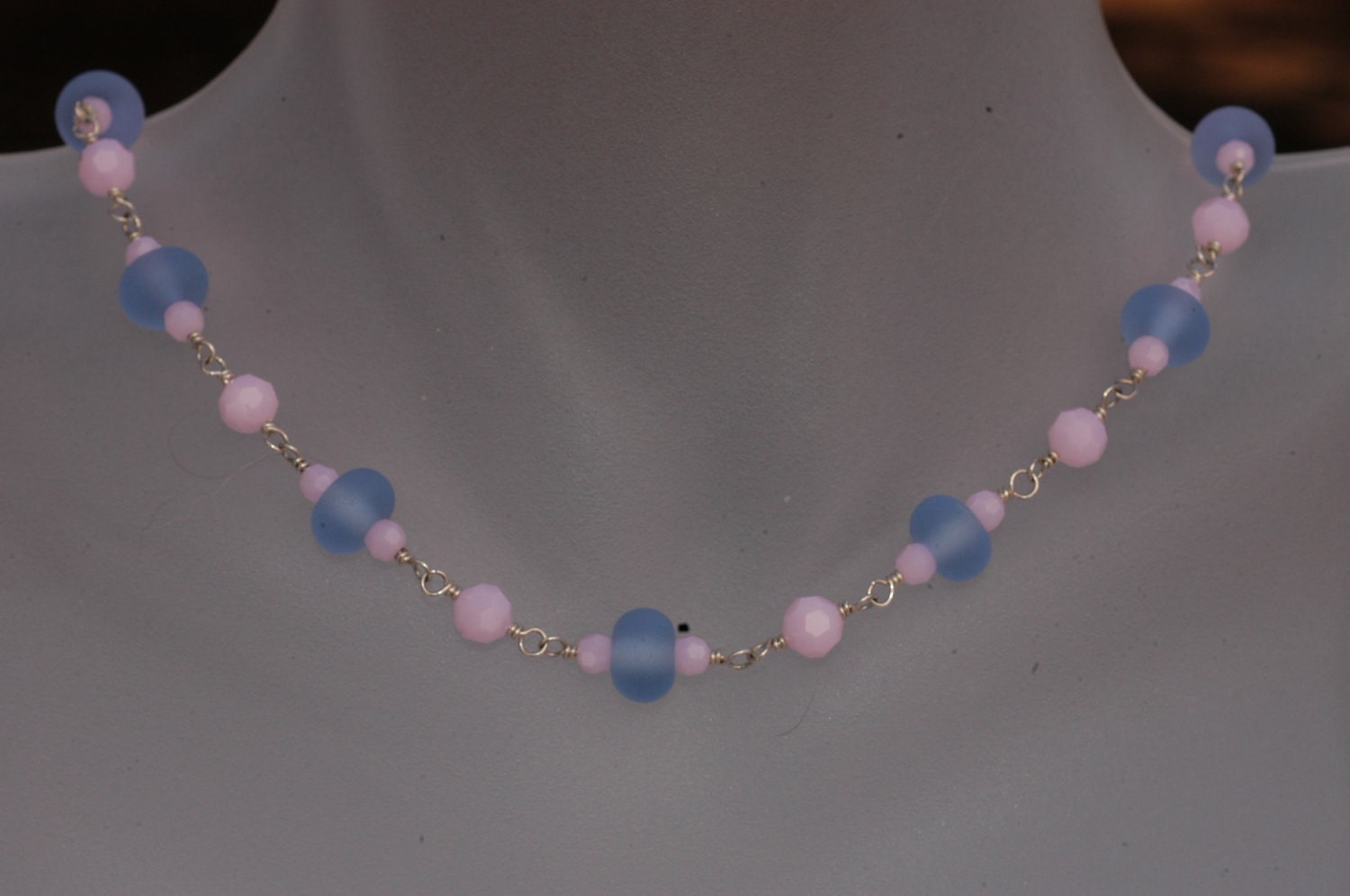 Kimadirose Blau Handgemachte Lampwork & Swarovski Pink Ice Sterling Halskette Handsign von kimadirose
