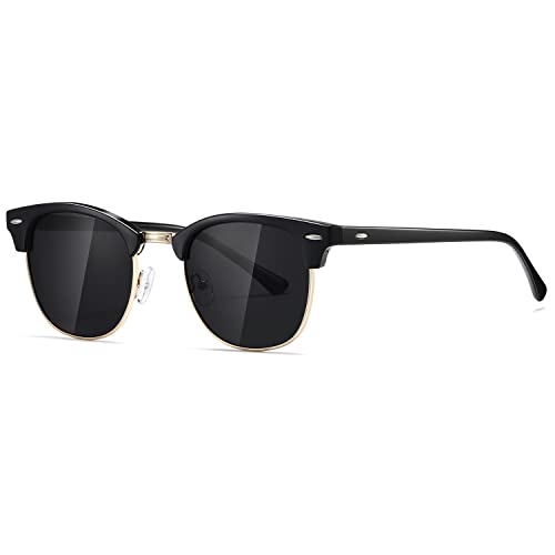 kimorn Polarisierte Sonnenbrille Unisex Retro Halb-Randlos Rahmen Klassisch Eyewear AE0550 (Schwarz&Gold, 52) von kimorn