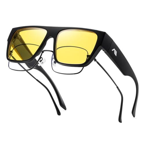 kimorn High Protection Fit Über Sonnenbrille Polarisierte übergroße UV400 für Männer und Frauen (schwarzer Rahmen/Nachtsichtbrille gelbe Linse) von kimorn