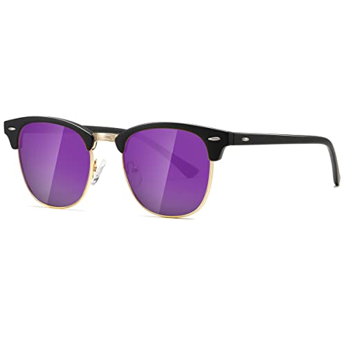 kimorn Polarisierte Sonnenbrille Unisex Retro Halb-Randlos Rahmen Klassisch Eyewear AE0550 (Mattschwarzer Lila Spiegel, 52) von kimorn
