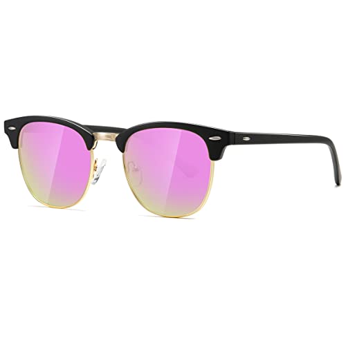 kimorn Polarisierte Sonnenbrille Unisex Retro Halb-Randlos Rahmen Klassisch Eyewear AE0550 (Mattschwarzer Rosa Spiegel, 52) von kimorn