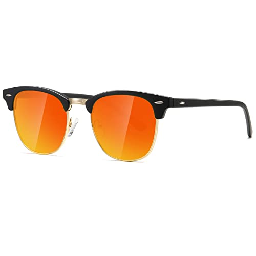 kimorn Polarisierte Sonnenbrille Unisex Retro Halb-Randlos Rahmen Klassisch Eyewear AE0550 (Mattschwarzer Roter Spiegel, 52) von kimorn