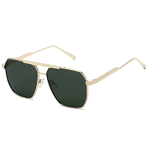kimorn Polarisierte Sonnenbrille für Damen und Herren, Retro, übergroß, quadratisch, Vintage, modisch, UV400, klassische große Metall-Sonnenbrille K1221, Goldgrün von kimorn