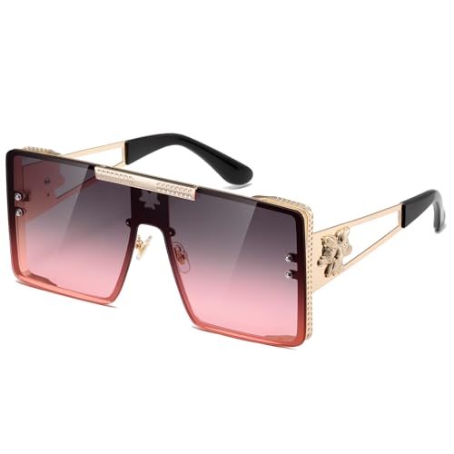 kimorn Quadratische, übergroße Sonnenbrille für Damen und Herren, Oversize-Flat-Top Rahmen und Luxus Gold-Detail – Unisex, UV400 Schutz, Modischer Eyecatcher K1470 (Gold/Gradient Pink) von kimorn