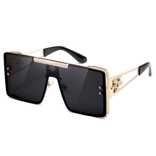 kimorn Quadratische, übergroße Sonnenbrille für Damen und Herren, Oversize-Flat-Top Rahmen und Luxus Gold-Detail – Unisex, UV400 Schutz, Modischer Eyecatcher K1470 (Gold/Schwarzer) von kimorn