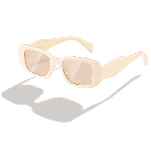 kimorn Rechteck Sonnenbrille für Frauen Männer Trendy Retro Trendy Sonnenbrille 90's Vintage Square Frame (Off-white Frame Grey Linse) von kimorn