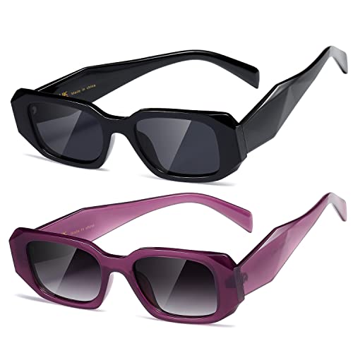 kimorn Rechteck Sonnenbrille für Frauen Männer Trendy Retro Trendy Sonnenbrille 90's Vintage Square Frame (Schwarz+Lila Rahmen Gradient Grey Gläser) von kimorn