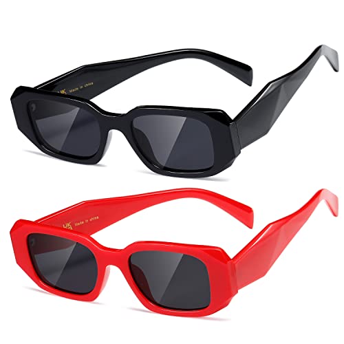 kimorn Rechteck Sonnenbrille für Frauen Männer Trendy Retro Trendy Sonnenbrille 90's Vintage Square Frame (Schwarz+Roter Rahmen graue Linse) von kimorn