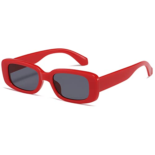 kimorn Rechteckig Sonnenbrillen für Damen Herren Trendige Retro Mode Brille 90er Vintage modisch UV 400 Schutz Quadratischer Rahmen K1200 (Roter Rahmen, graue Linse, 65) von kimorn