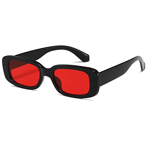 kimorn Rechteckig Sonnenbrillen für Damen Herren Trendige Retro Mode Brille 90er Vintage modisch UV 400 Schutz Quadratischer Rahmen K1200 (Schwarzer Rahmen, rote Linse, 65) von kimorn