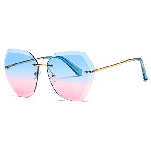 kimorn Sonnenbrillen für Frauen Übergroße randlose Diamant-Schneidlinse Klassisch Eyewear AE0534 (Gold/Blau/Rosa, 65) von kimorn