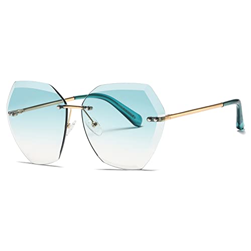 kimorn Sonnenbrillen für Frauen Übergroße randlose Diamant-Schneidlinse Klassisch Eyewear AE0534 (Gold/Farbverlauf Pfauengrün, 65) von kimorn