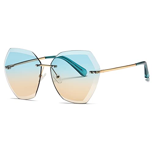 kimorn Sonnenbrillen für Frauen Übergroße randlose Diamant-Schneidlinse Klassisch Eyewear AE0534 (Gold/Pfauengrün/Braun, 65) von kimorn