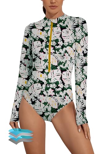 kiniswim Frauen Periode Bademode Period Swimwear EIN Stück Menstruation Badeanzug Langarm Badeanzug für Teen(Dark Green Leaf,M) von kiniswim