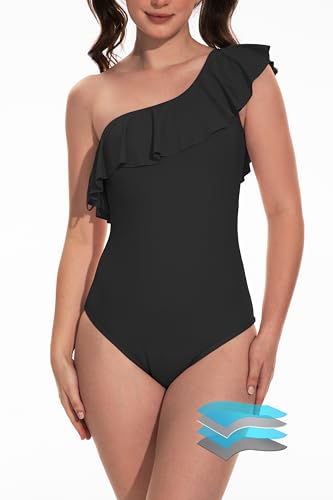 kiniswim Periode Bademode Period Swimsuit EIN Stück Menstruations Badeanzug Eine Schulter Badeanzug für Teen(Schwarz,XS) von kiniswim