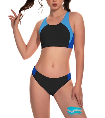 kiniswim Women Period Swimwear Two Piece Menstrual Leakproof Sport Bikini Set Swimsuit Racerback Bathing Suit for Teen Girl, Blue, XS von kiniswim