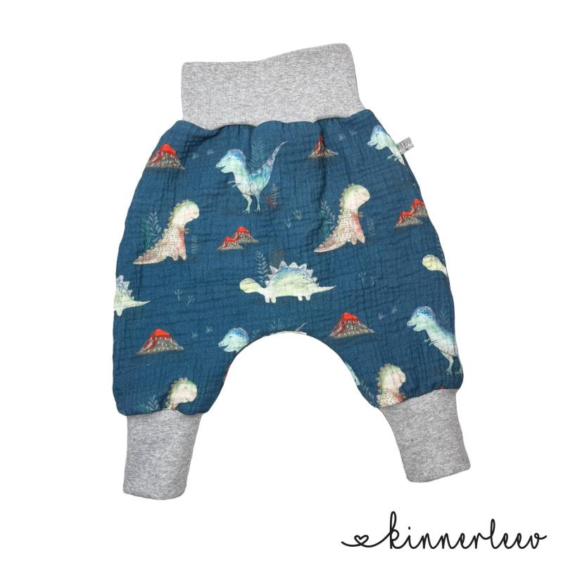 Babyhose Musselin Dinos Vulkan Petrol Pumphose Junge Mädchen von kinnerleev