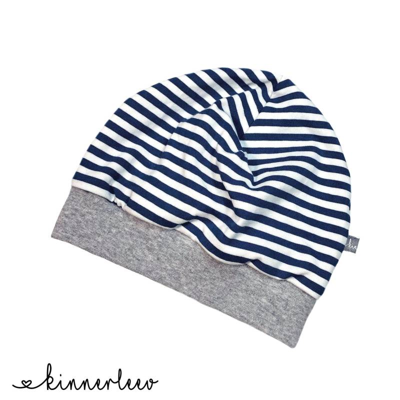 Beanie Mütze Dunkelblau Gestreift Jersey Baby Kinder Junge Mädchen von kinnerleev