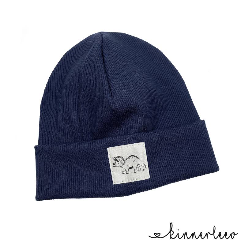 Beanie Mütze Dunkelblau Rib Dinosaurier Hipster Baby Kinder Mädchen Junge von kinnerleev