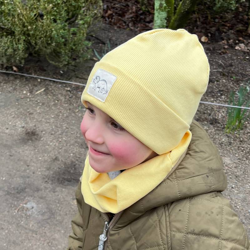 Beanie Mütze Hellgelb Rib Dinosaurier Hipster Baby Kinder Mädchen Junge von kinnerleev