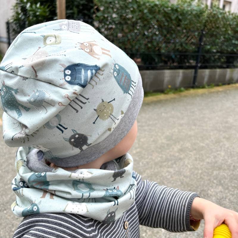 Beanie Mütze Monster Hellmint Jersey Baby Kinder Junge Mädchen von kinnerleev