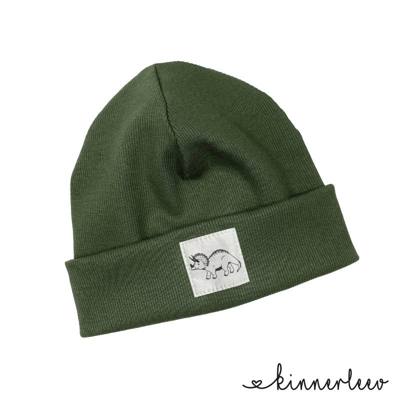 Beanie Mütze Tannengrün Rib Dinosaurier Hipster Baby Kinder Mädchen Junge Triceratops von kinnerleev