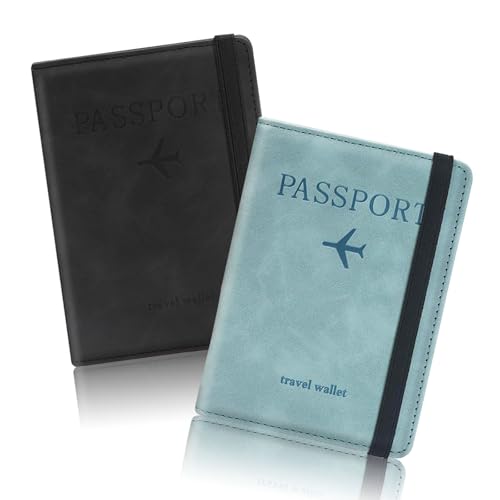 kinoco RFID-blockierende Reisepasshülle (2er-Pack) – Reisedokumenten-Organizer aus PU-Leder mit Kartenfächern | Reisezubehör für Männer und Frauen | Schwarz & Blau Set von kinoco