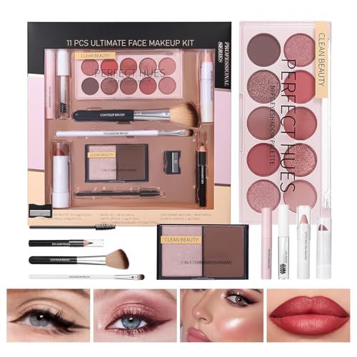 kinrguiyuez Makeup-Set Für Jugendliche - Komplett Makeup Set für Mädchen | 11-teiliges Set mit Lidschatten Concealer Pinsel Lippenstift Highlighter für Alltag Halloween Hochzeit Verabredung Geburtstag von kinrguiyuez