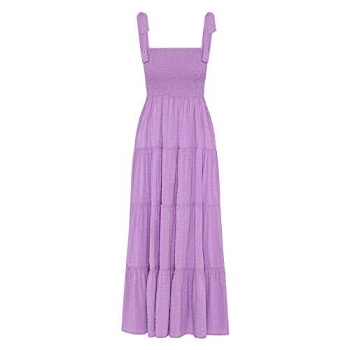 Damen Sommer Boho Spaghettiträger Quadratischer Ausschnitt Rüschen Casual Flowy Langes Kleid Strand Swing Party Maxikleid, 23-Lila, L von kinstell