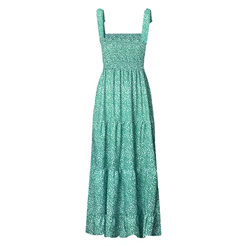 Damen Sommer Boho Spaghettiträger Quadratischer Ausschnitt Rüschen Casual Flowy Lange Kleid Strand Swing Party Maxikleid, Grüner Punkt, Medium von kinstell