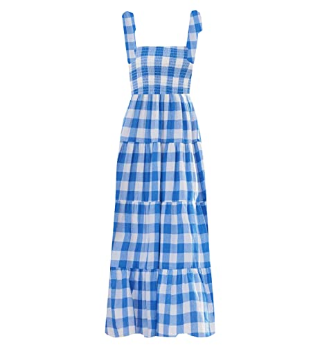 Damen Sommer Boho Spaghettiträger Quadratischer Ausschnitt Rüschen Casual Flowy Langes Kleid Strand Swing Party Maxikleid, Blau kariert, L von kinstell